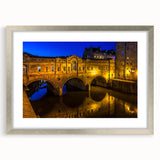 Extra large abstract art print of a European scenery in muted earth tones, framed in silver, ideal for living room decor.