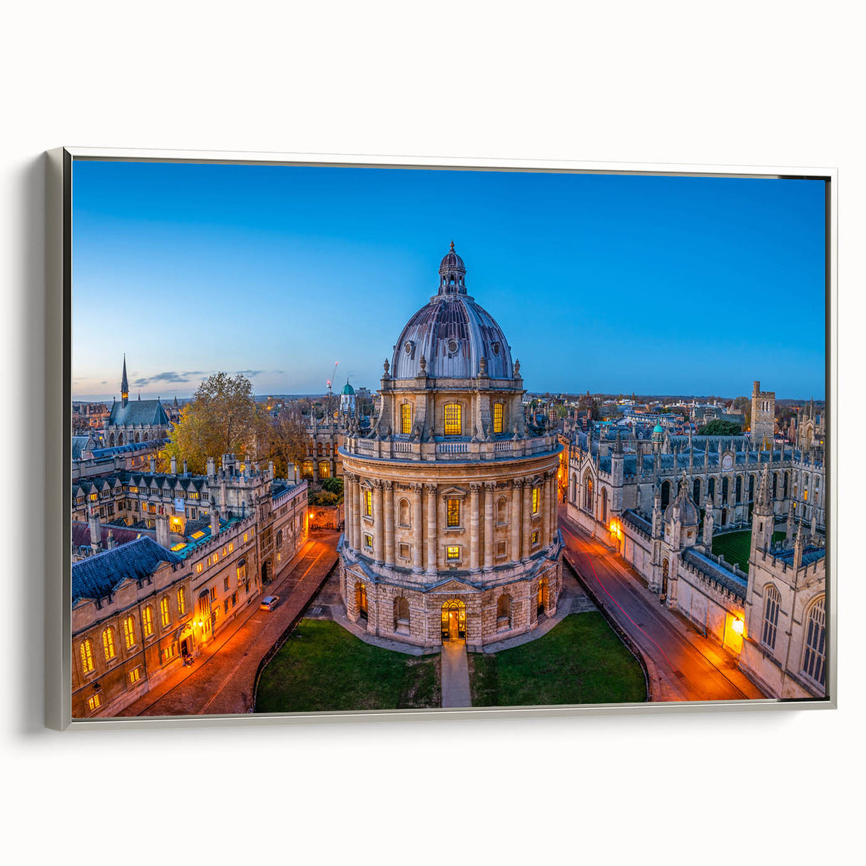 Landscape art painting of Oxford, featuring a vintage poster style on a framed canvas, with colorful and black tones.