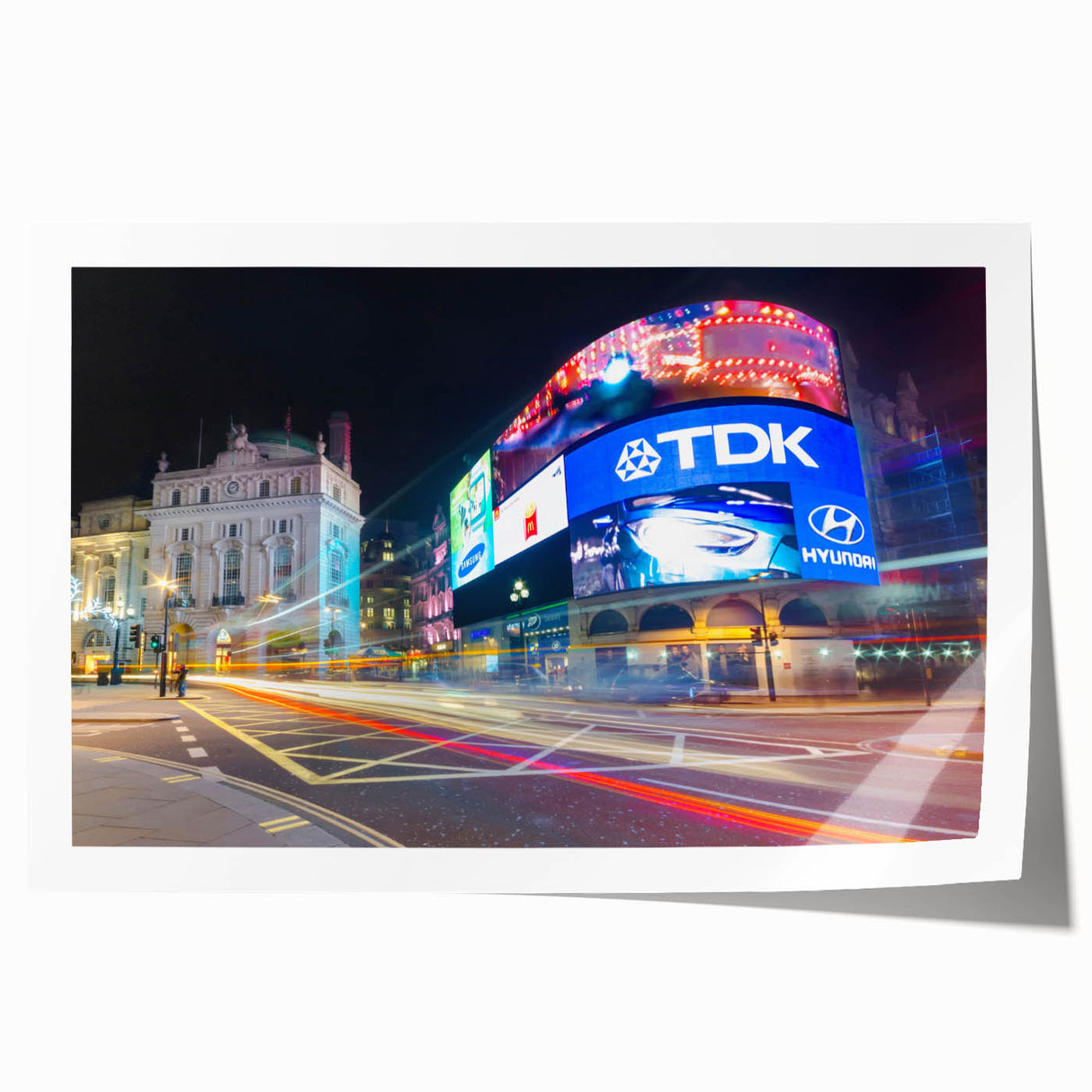 Piccadilly, England street scene in soft watercolor tones on rolled print, suitable for dining room wall art.