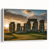 Framed canvas of vintage poster art depicting Stonehenge in muted earth tones, ideal for living room decor.