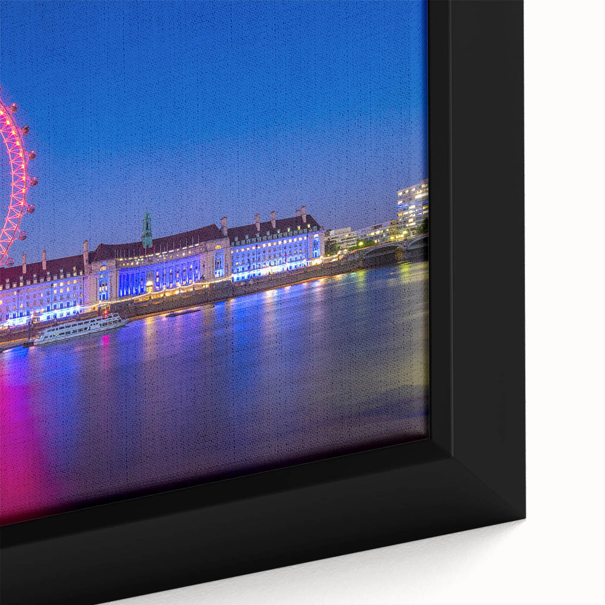 Extra large framed canvas of the Thames River with textured black and colorful art, ideal for living room decor.