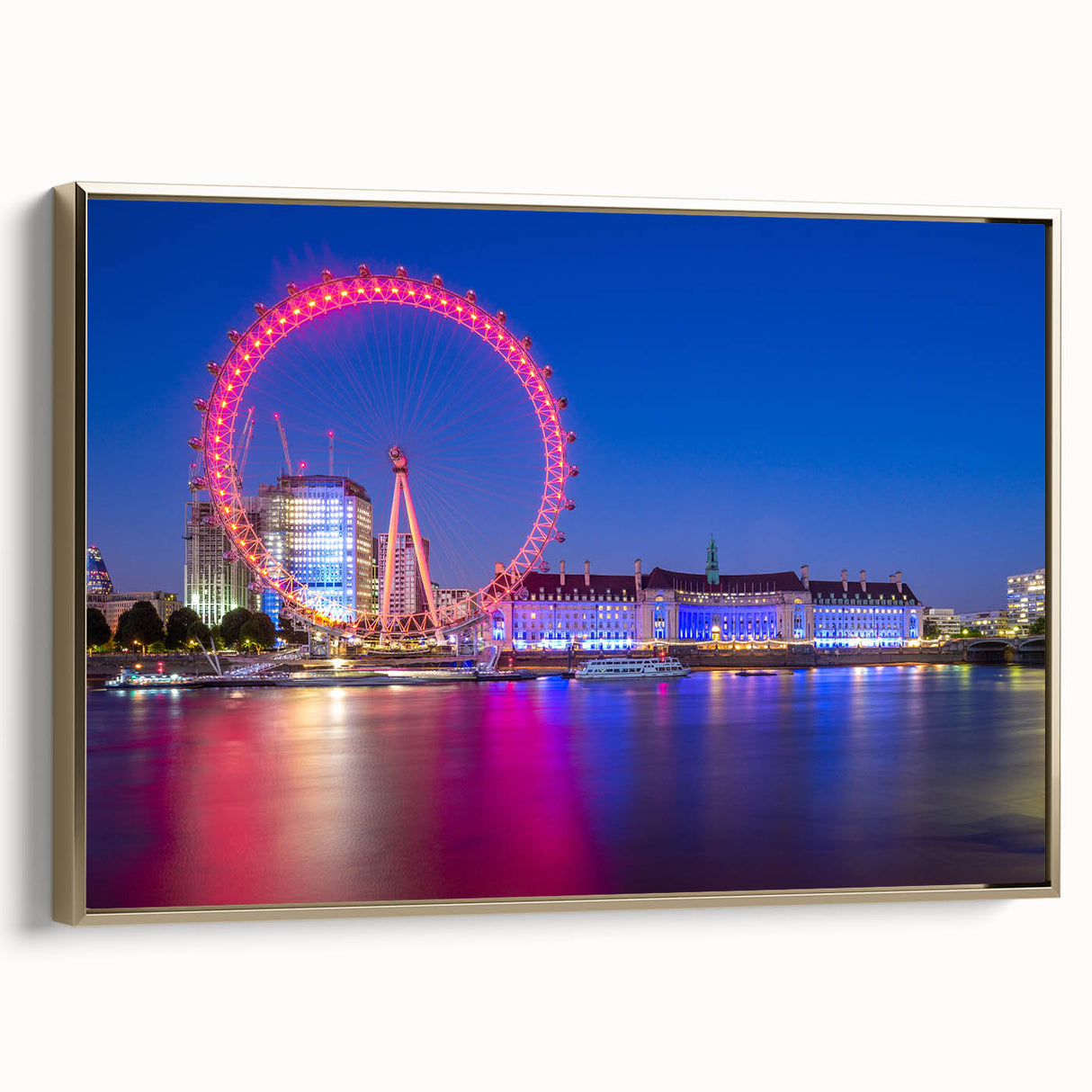 Framed canvas of a vintage-style London landscape with the Thames River in muted gold and black tones.