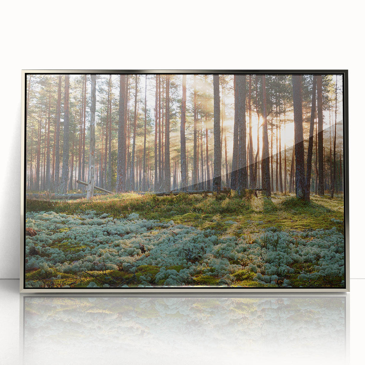 Large art print of a serene Estonian landscape in muted greens and blues, framed in silver acrylic.