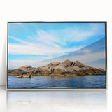 Large art print of a Corsican landscape in muted earth tones on a silver framed acrylic, suitable for modern art wall decor.