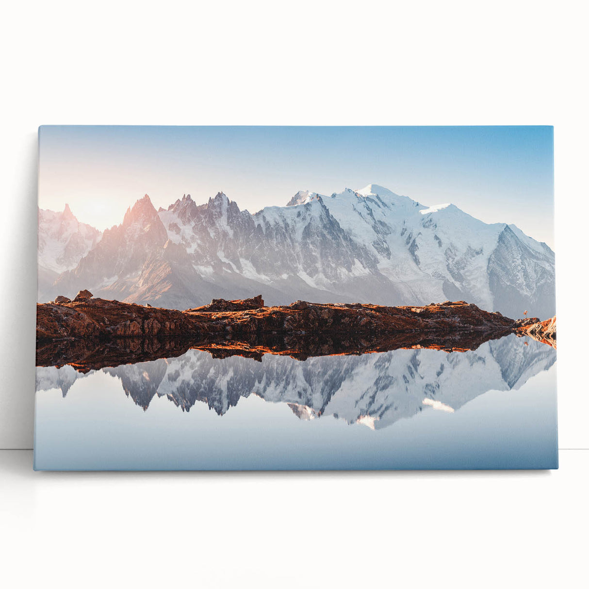 Black and white stretched canvas featuring a serene French Alps landscape, ideal for kitchen wall art.