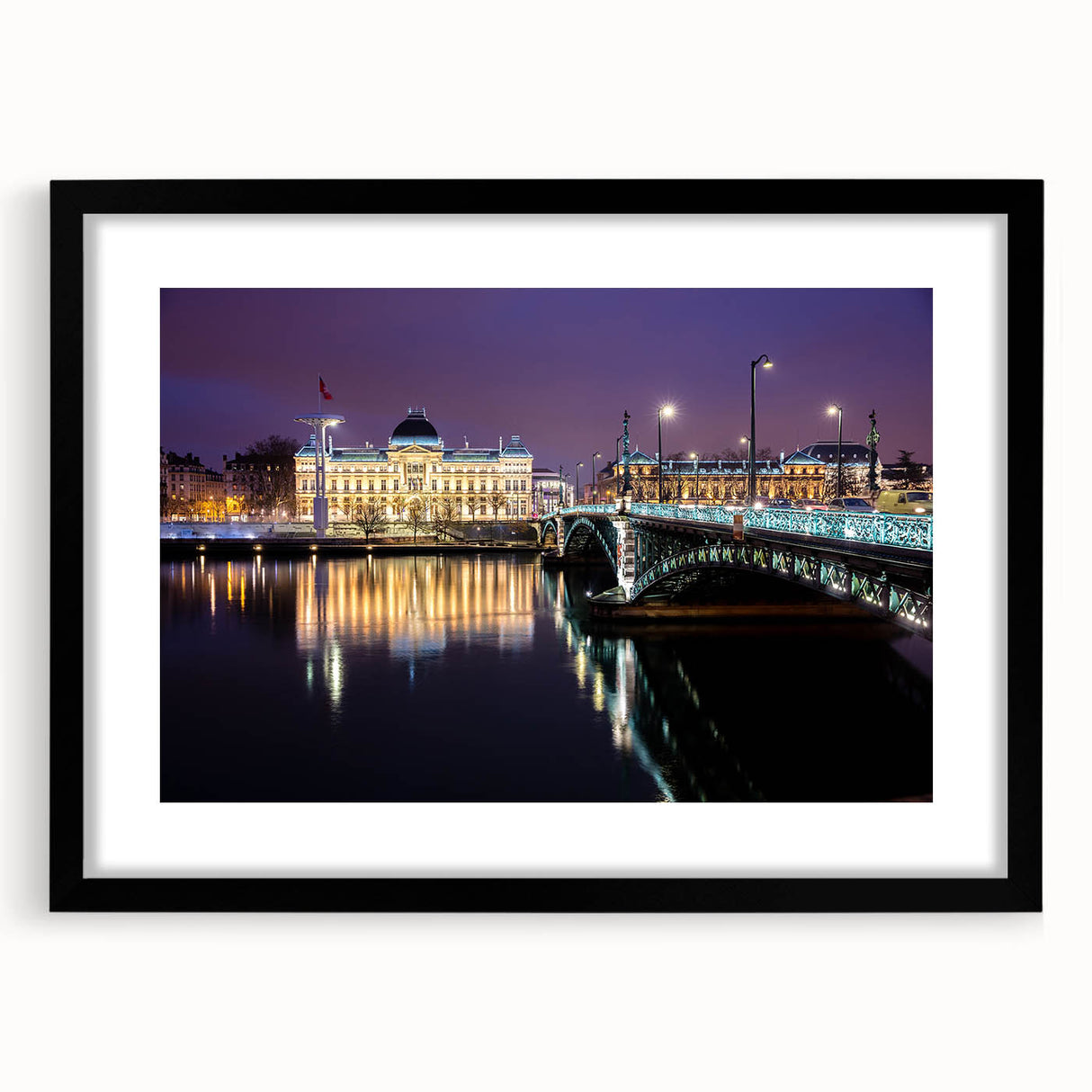 Extra large abstract art print of colorful Lyon scenery on textured canvas, framed in black, ideal for living room decor.