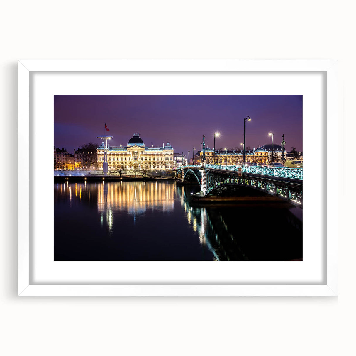 Textured abstract art print of Lyon scenery in muted earth tones on a white-framed mat, ideal for bedroom art.