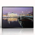 Large abstract wall art depicting a stylized Lyon cityscape in muted gray and blue tones on framed acrylic.