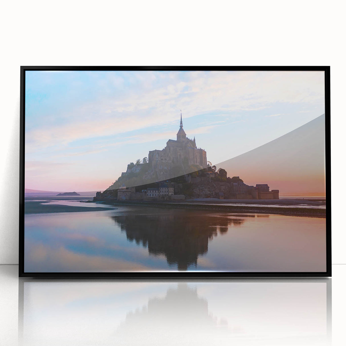 Large abstract wall art depicting a scenic European landscape, rendered in muted earth tones on a black framed acrylic.