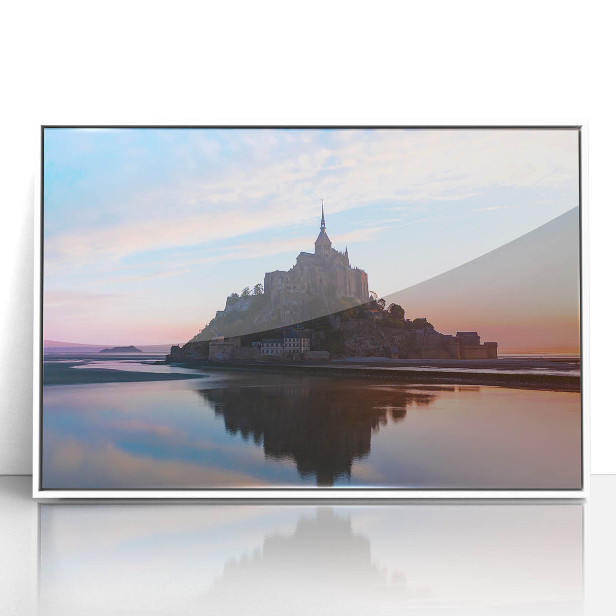 Mid-century modernist art depicting a serene French landscape on a white-framed acrylic print, suitable for nursery wall art.
