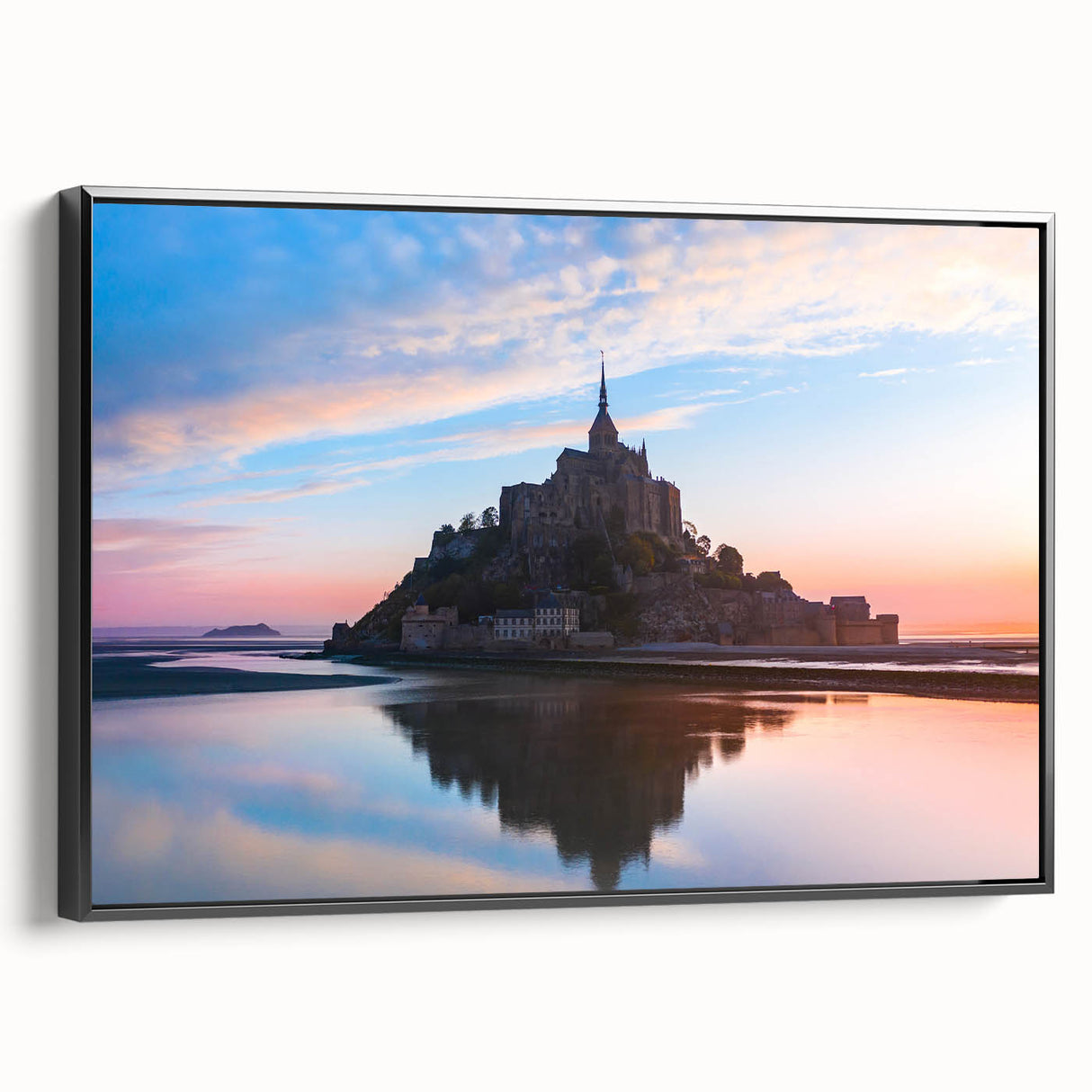 Black and white vintage poster art of a French landscape on framed canvas, suitable for bedroom decor.