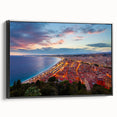 Black and white vintage poster art of a Nice, France landscape on framed canvas, ideal for bedroom decor.