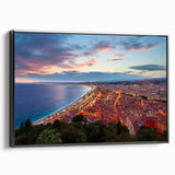 Black and white vintage poster art of a Nice, France landscape on framed canvas, ideal for bedroom decor.
