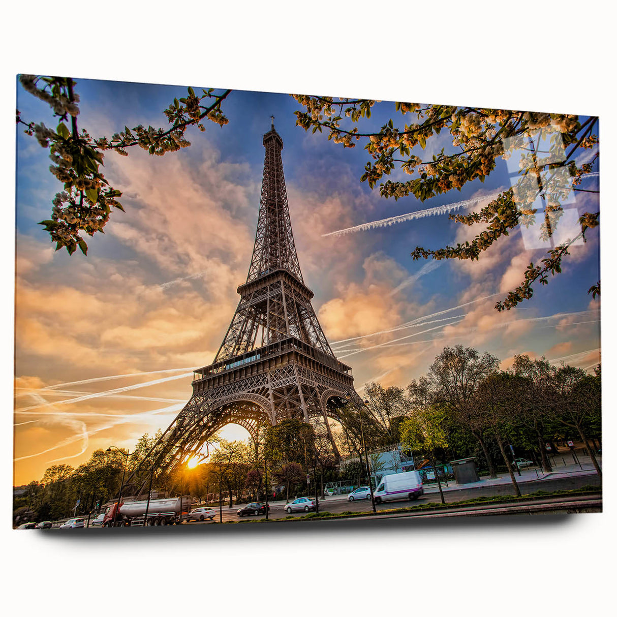 Large abstract depiction of Paris scenery in muted gray tones on acrylic glass, ideal for bedroom or dining room art.