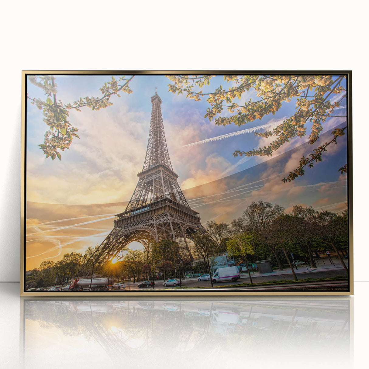 Art Deco poster of Paris scenery in gold and black tones, acrylic framed, suitable for modern nursery decor.