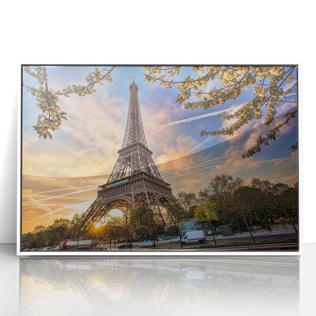 Mid-century modernist art depicting the Eiffel Tower, in soft gray and white tones on a framed acrylic.