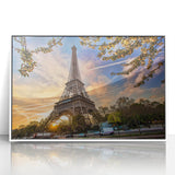 Mid-century modernist art depicting the Eiffel Tower, in soft gray and white tones on a framed acrylic.