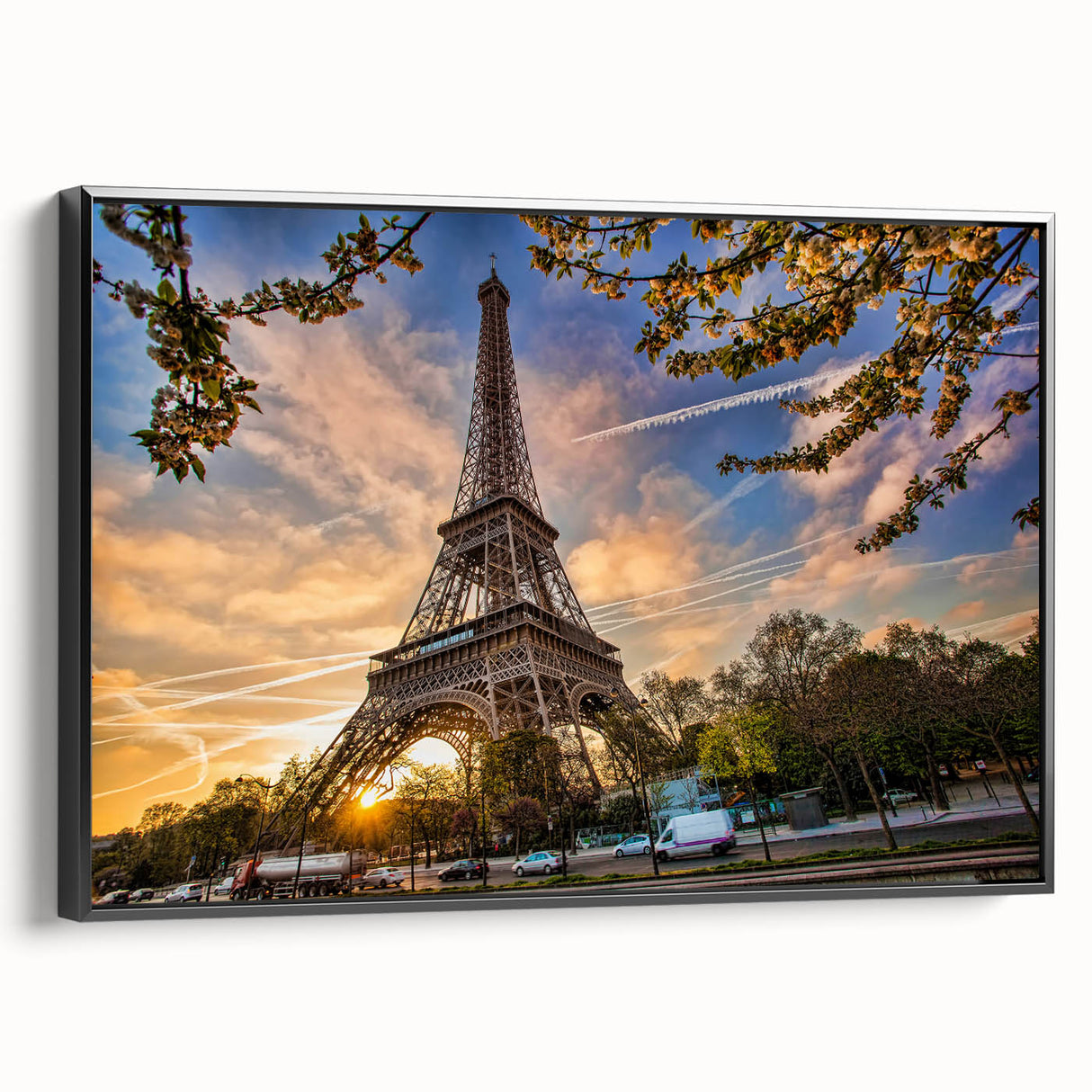 Black and white vintage poster art of Paris landscape on framed canvas, suitable for bedroom wall decor.