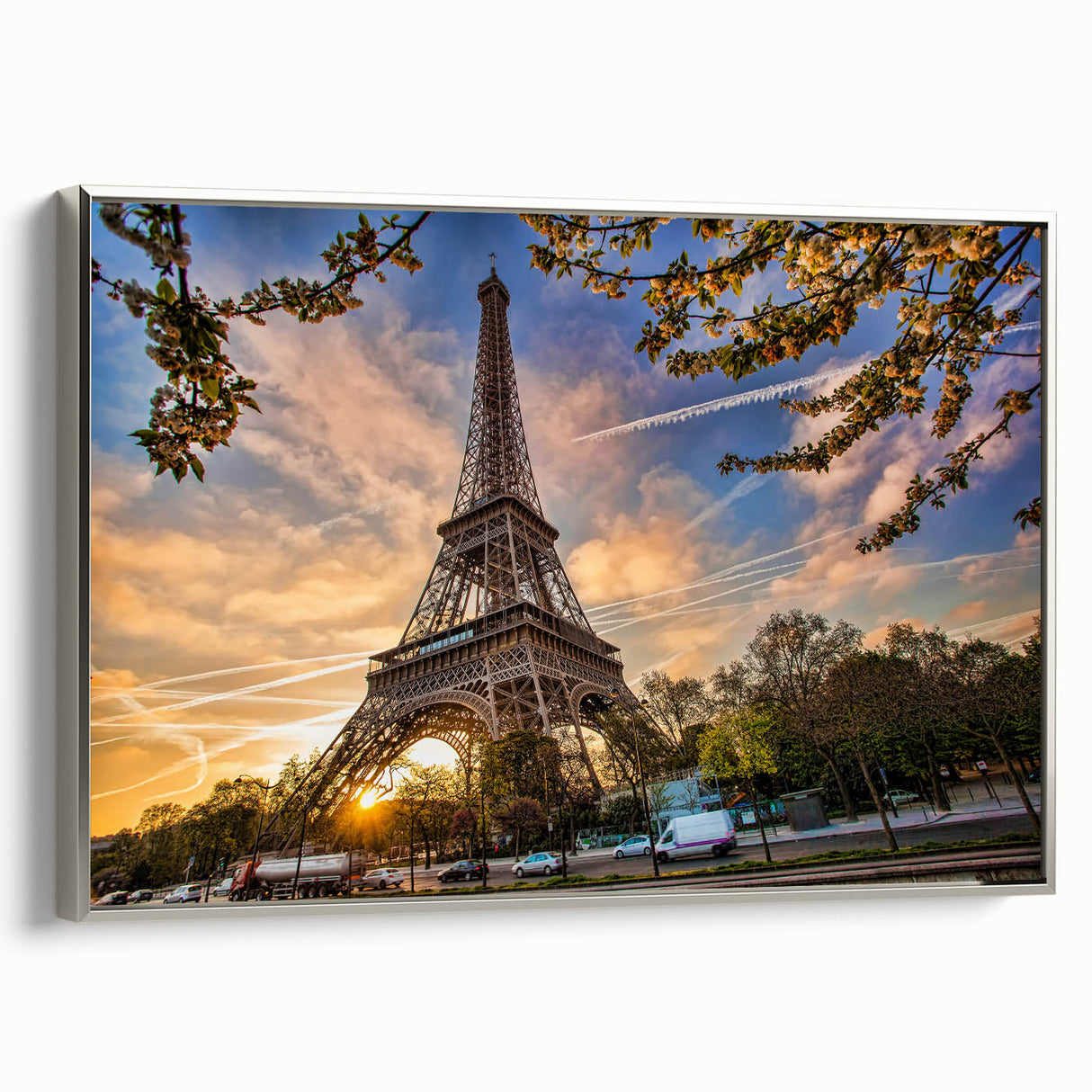 Landscape art painting of Paris with colorful sky on black framed canvas, suitable for living room decor.