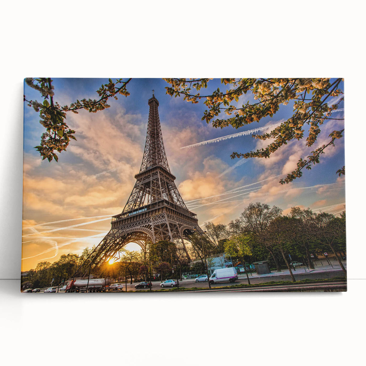 Large black and white stretched canvas of the Paris skyline, suitable for kitchen wall art.