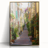 Art deco poster of Provence landscape in muted gold and green tones, acrylic print framed in gold.