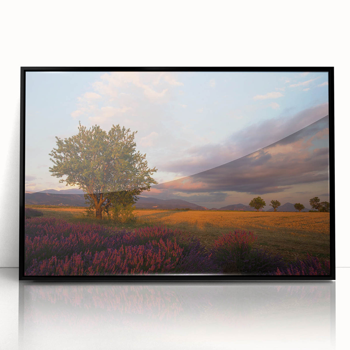 Large abstract wall art depicting a mid-century modernist scene of southern France in muted earth tones on a framed acrylic.