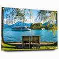 Acrylic glass print of a Bavarian landscape, featuring lush greenery and a distant mountain.