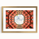 Abstract art print of Berlin skyline in muted gray and gold tones on a framed canvas, ideal for dining room decor.