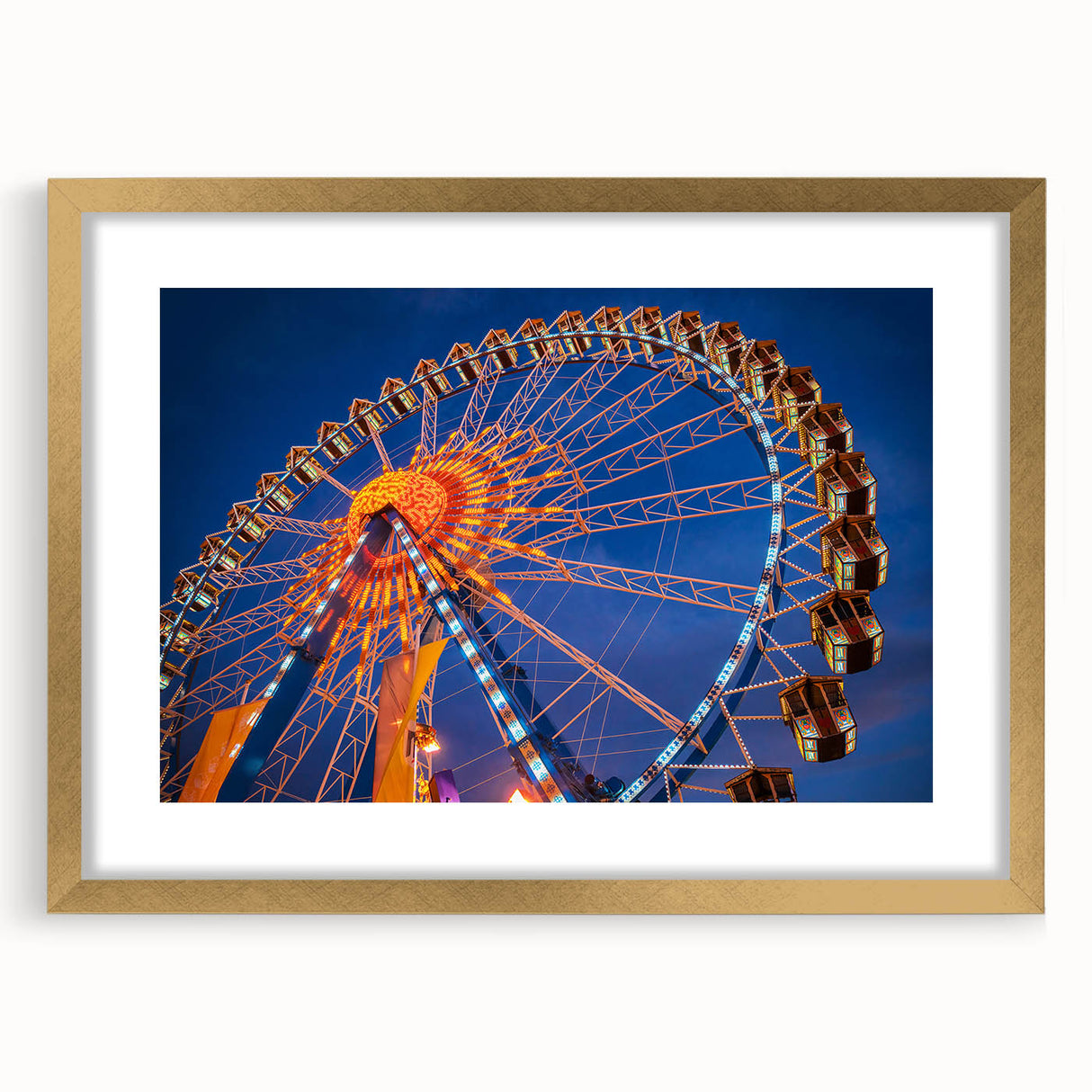 Abstract art print of Munich skyline in muted gold and blue tones on a framed canvas, suitable for dining room decor.