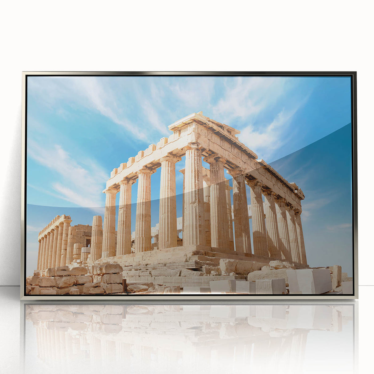 Mid-century modernist acrylic print of Athens's skyline in silver frame, suited for modern art wall decor.