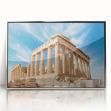Mid-century modernist acrylic print of Athens's skyline in silver frame, suited for modern art wall decor.