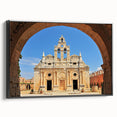 Black and white landscape art of Crete, Greece on a framed canvas, suitable for bedroom decor.
