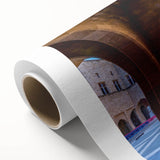 Art Deco poster of Rhodes, Greece scenery on rolled canvas, featuring pastel blue and white tones.