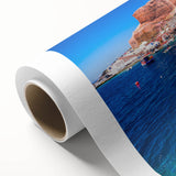 Art Deco poster of Santorini landscape in pastel shades on rolled canvas, ideal for nursery wall art.
