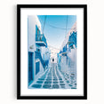 Extra large abstract art print of a vibrant, colorful European scenery on textured canvas, framed in black.