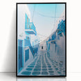 Large abstract wall art depicting a scenic European Greek landscape in muted earth tones, framed in black acrylic.