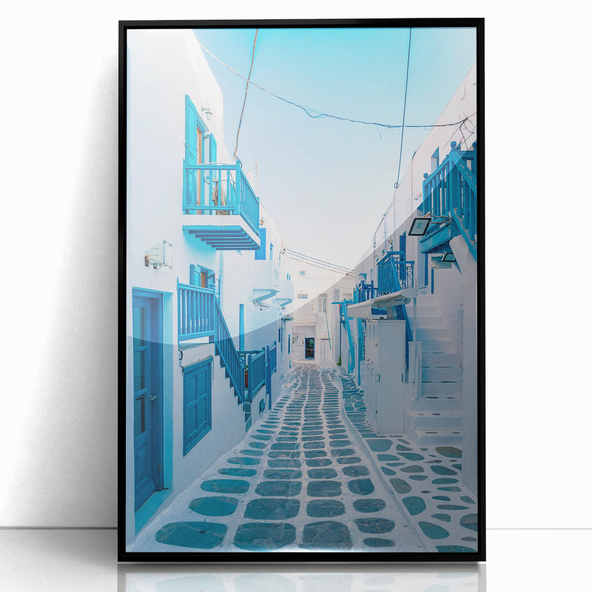 Large abstract wall art depicting a scenic European Greek landscape in muted earth tones, framed in black acrylic.