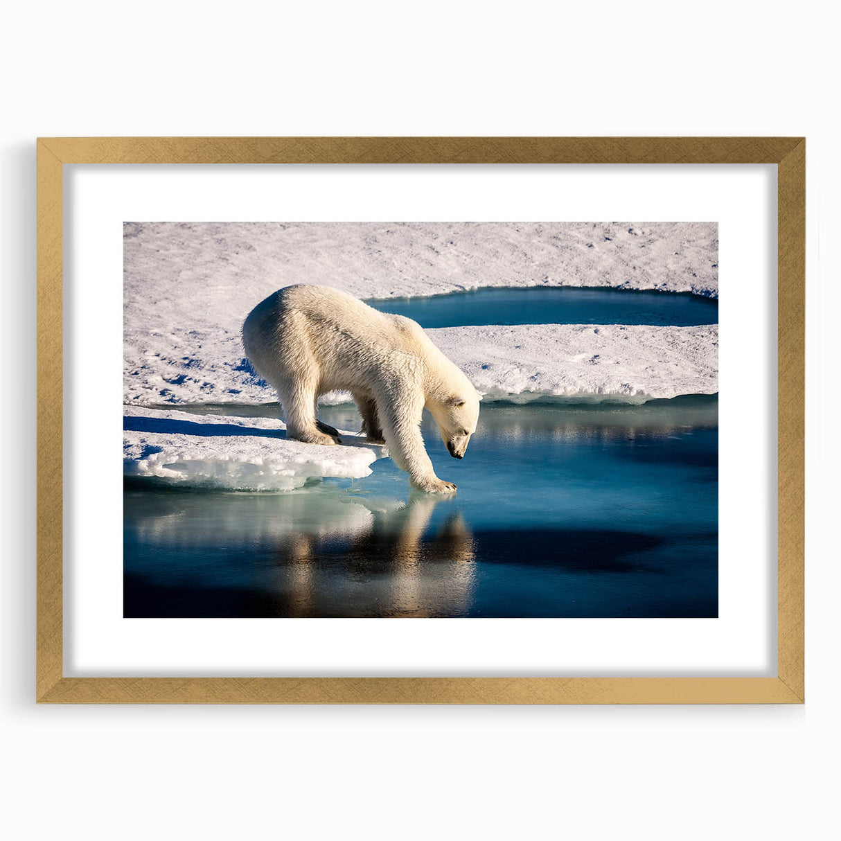 Abstract art print featuring a serene Greenland landscape in muted green and blue hues, framed with a gold mat.