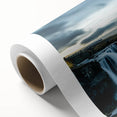 Art deco poster of Iceland scenery in muted blue and green tones on rolled canvas, ideal for nursery wall art.