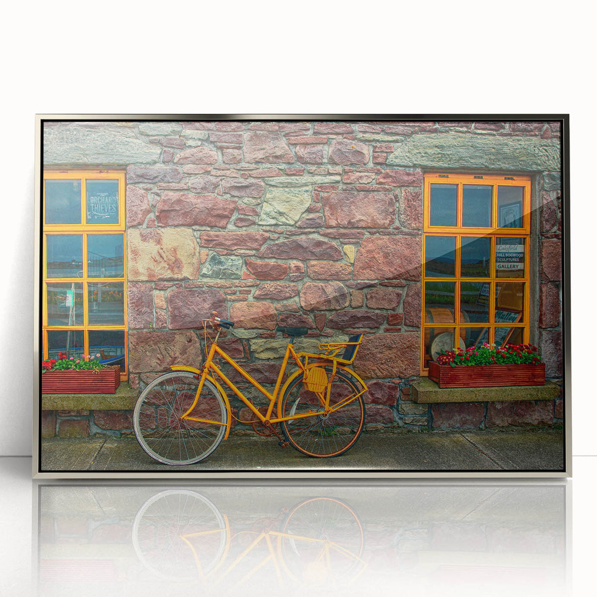 Framed acrylic print of a serene Irish landscape in muted green and blue tones, ideal for modern art wall decor.