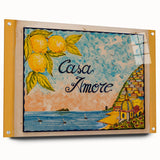 Acrylic print of the Amalfi Coast in vibrant blues and greens, ideal for bedroom or dining room decor.