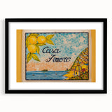 Colorful art depicting the Amalfi Coast with abstract prints and textured finish, framed in black.
