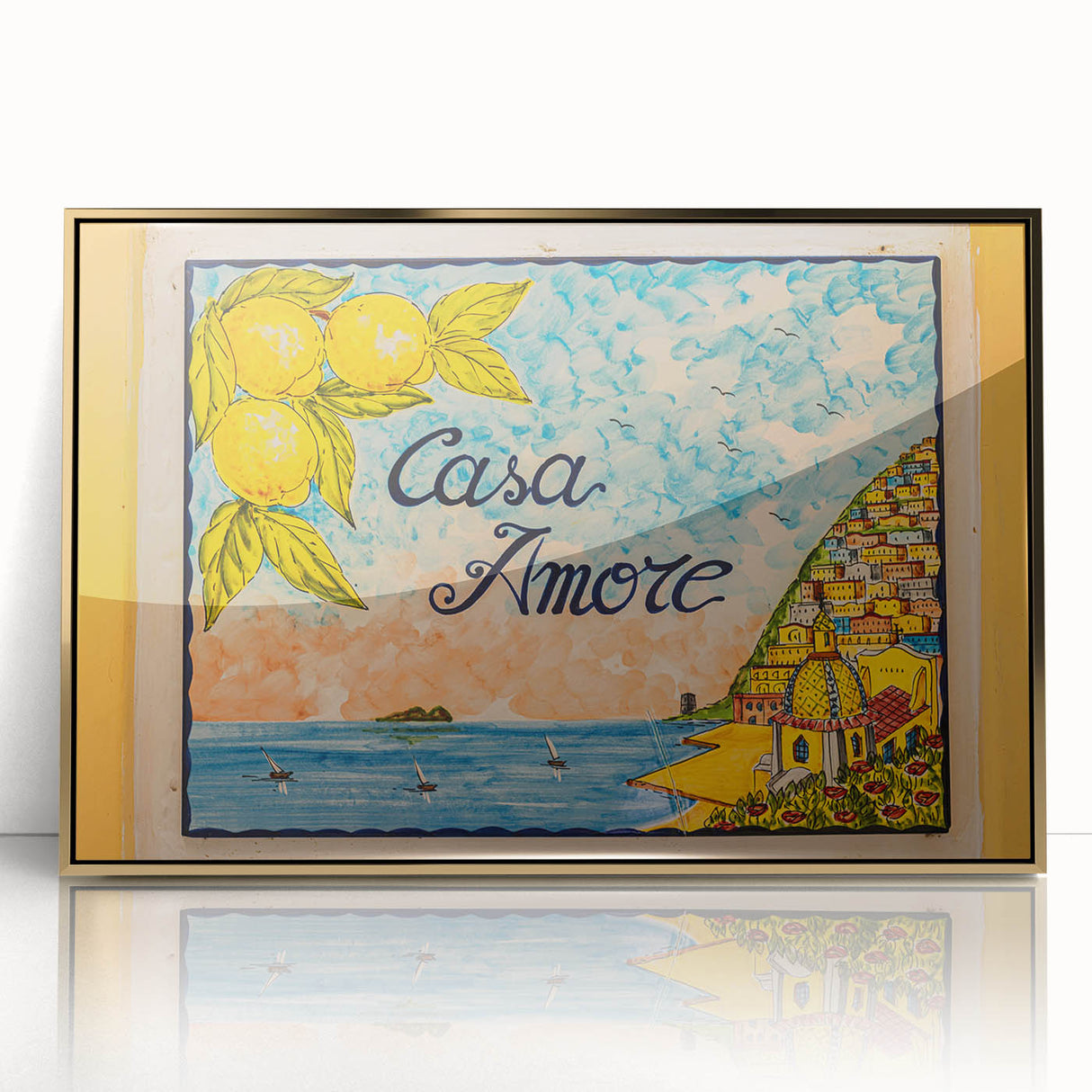Acrylic print of Amalfi Coast with vibrant blue and terracotta tones in art deco style, ideal for modern art wall decor.