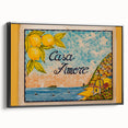 Black and white framed canvas of the Amalfi Coast landscape, ideal for bedroom wall decor.