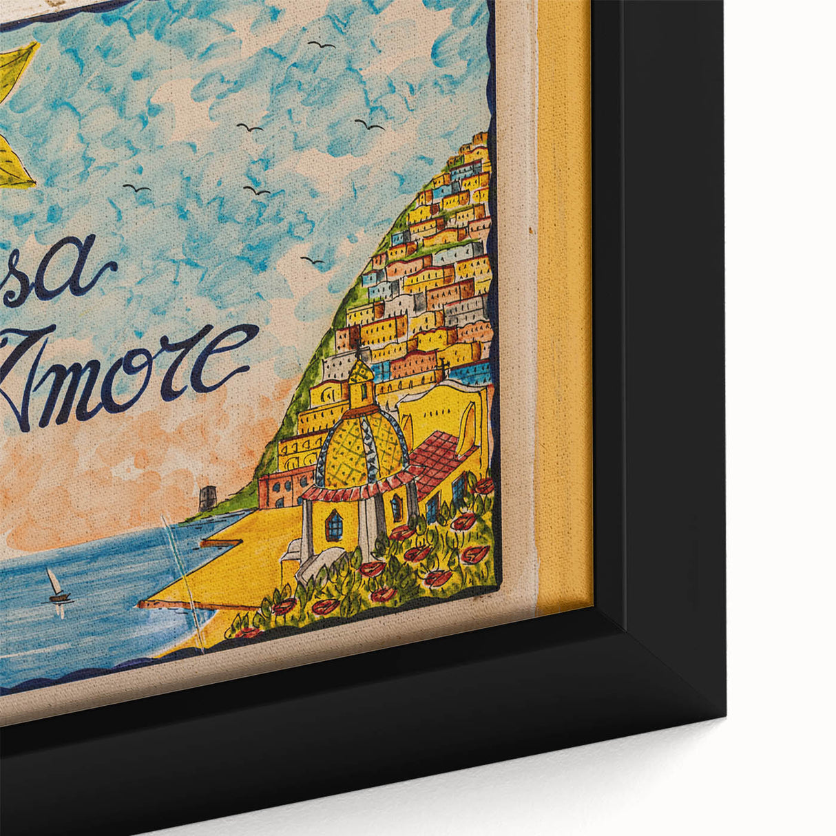 Framed canvas featuring a textured view of the Amalfi Coast in Italy with vivid colors, ideal for living room decor.