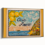 Framed canvas wall art of Amalfi Coast landscape in muted earth tones, ideal for bedroom decor.