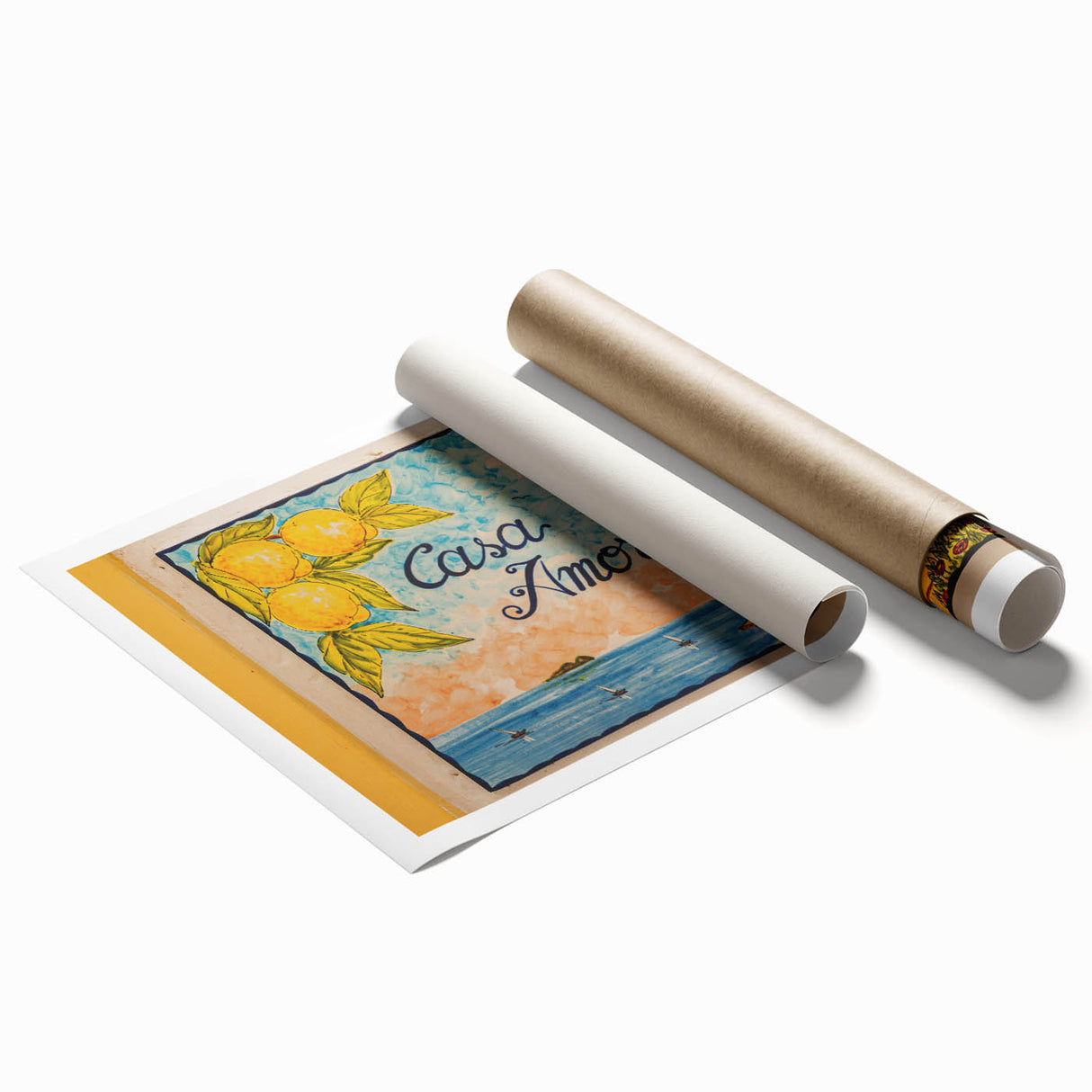 Extra large rolled print of the Amalfi Coast with vibrant blue and white tones, ideal for classy bathroom wall art.