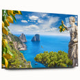 Acrylic print of Capri's coastline in muted blue and green tones, suitable for dining room or bedroom decor.