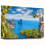 Acrylic print of Capri's coastline in muted blue and green tones, suitable for dining room or bedroom decor.