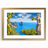 Abstract art print of Capri, Italy in muted blue and gold tones, framed with a matte gold finish.